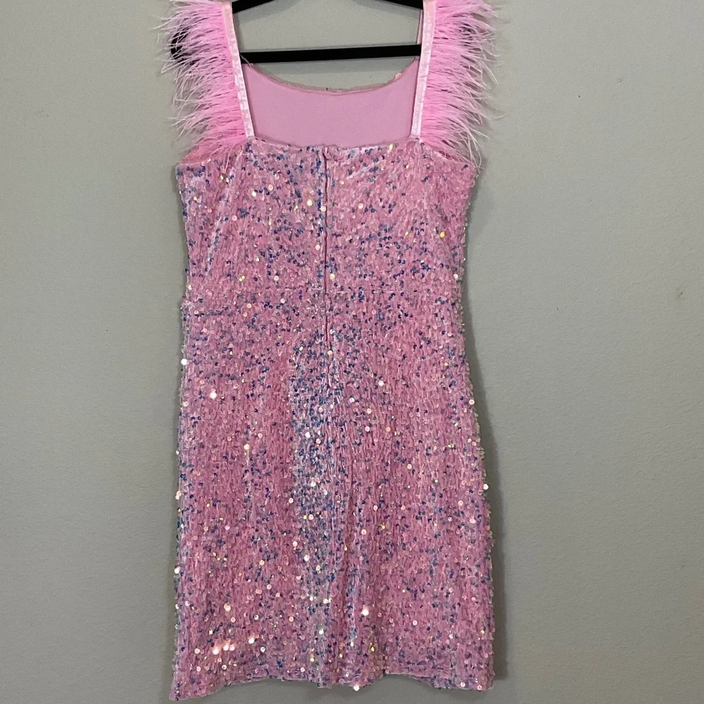 Zunie Pink Sequin Dress with Feather Detail Size 14